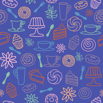 Purple Bakery Coffee seamless pattern background. Perfect for fabric, scrapbooking, wallpaper projects.