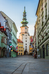 Empty Michalska Street in Bratislava Old Town During Coronavirus Pandemic with Michael's Tower (Michalska Brana) in Background in Slovakia