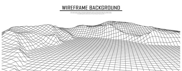 Wireframe 3D landscape mountains. Wireframe landscape wire. 3d landscape. Digital retro landscape cyber surface. Vector illustration.