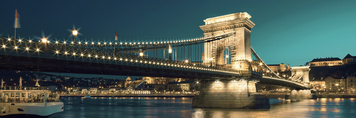 Czechenyi Chain Bridge in Budapest, Hungary, early evening