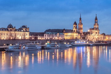 Naklejka na ściany i meble Night panorama of Dresden Old town with reflections