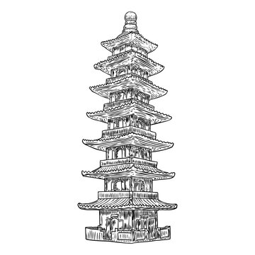 Japanese pagoda landmark, Buddha and saint tomb near temple in traditional Japan style. Architecture building made of wood. Spiritual stupa or monument with tiers and roof eaves. Vector.