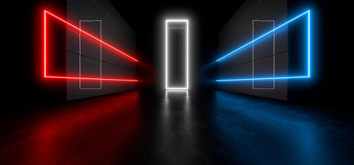 Sci Fy neon lamps in a dark tunnel. Reflections on the floor and walls. 3d rendering image.