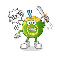 coconut drink knights attack with sword. cartoon mascot vector