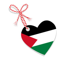 Fahne als Herz  „I Love Palästina“ mit Kordel-Schleife,
Vektor Illustration isoliert auf weißem Hintergrund
