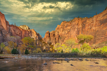 Beautiful landscapes, views of incredibly picturesque rocks and mountains in Zion National Park, Utah, USA