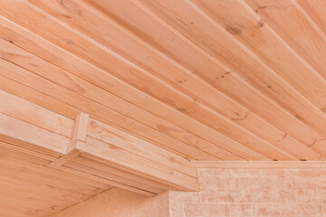 Modern interior with light wood ceiling and white plaster and brick walls background