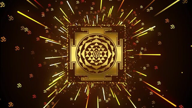 Golden Colorful Motion Light Streaks Burst From Gold Shri Yantra Hinduism Symbol And Shiny Glitter Omkara Confetti Shapes Sparkle Dust Background, Last 10 Seconds Loopable