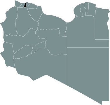 Black highlighted location map of the Libyan Jafara district inside gray map of the State of Libya