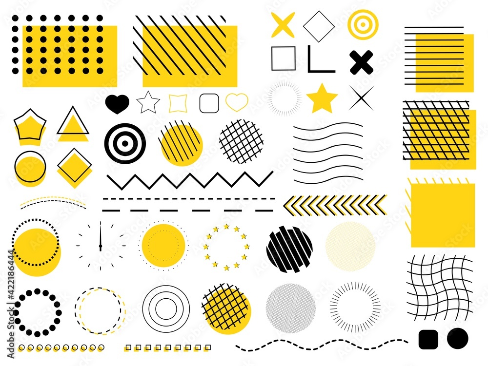 Aufkleber set of geometric shapes. memphis yellow elements for design. abstract halftone patterns pattern. col