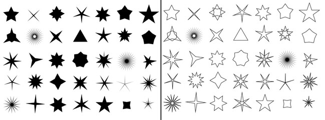 Set of icons of sparkling bright stars. Collection of symbols in the form of twinkling stars. Glitter, glow, fireworks effect for holiday and Christmas or birthday. Black strokes.
