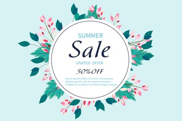 Summer sale, discounts, limited offer. Vector banner. Template, modern label for promotion. Advertising message, favorable price. Page for an online store. Promotion of retail business, customer acqui