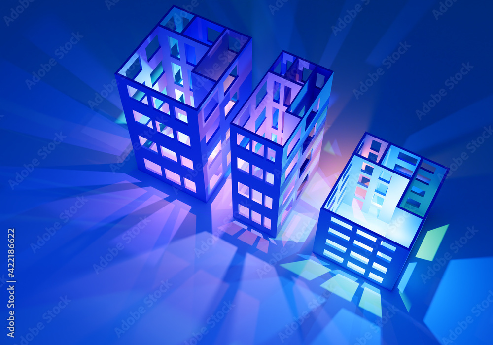 Poster multi-storey building layouts on a blue background. three-dimensional high-rise buildings. volumetri