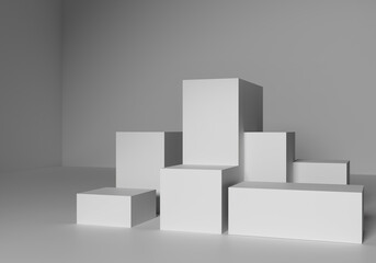 Bulky white boxes of different sizes. Illustration with 3D geometric shapes. Parallelipipids on a...