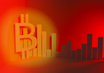 Bitcoin logo next to price chart. Cryptocurrency chart fluctuates. Three-dimensional bitcoin logo on red background. Chart shows rise and fall of bitcoin. 3d logo and graph of value of cryptocurrency