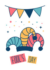 April Fools Day vector doodle card. Colorful illustration of jester's cap with Bunting (flags) and text. Circus clown Harlequin hat for design poster, flyer, card, banner, holiday party announcement