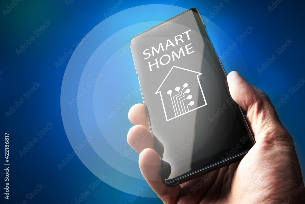 Poster implementation of smart home technologies. software for iot technologies. smart home logo on smartph