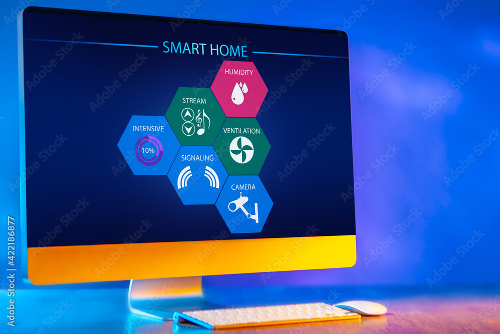 Poster smart home software in a personal computer. monitor for smart home technology control. iot monitorin