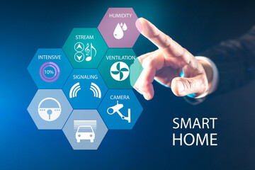 Safe smart home concept. Home security control symbols. Smart house icons on virtual screen. Hand reaches for buttons of smart home. Control  IOT devices. Concept - modern IOT appliances