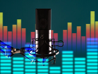 Microphone of a radio presenter close-up. Microphone as a symbol of sound recording. Concept -...