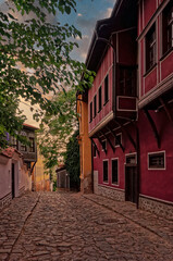 Fototapeta na wymiar A cobblestone street in Old Plovdiv, Bulgaria