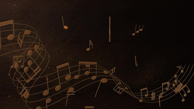 3d gold music notes animation footage,music concept wallpaper,golden particles and notes on a dark floor,dark background
