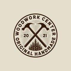 Woodwork Vector Illustration Logo Design. Woodwork Logo Template for Wood Master, Sawmill and Carpentry Service. Hammer Logo Concept Inspiration