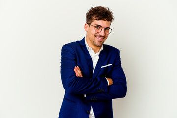 Young business caucasian man isolated on white background laughing and having fun.