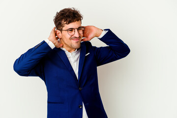 Young business caucasian man isolated on white background suffering neck pain due to sedentary lifestyle.