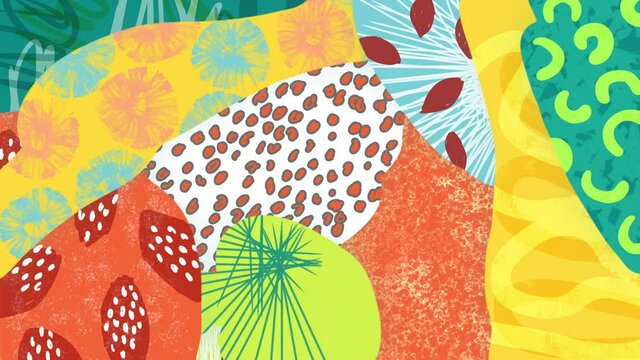 90s style abstract background loop. Hand drawn colorful shapes and scribbles. Animated painting, captured from digital brush strokes. Yellow, red, orange, green, blue. Fun trendy retro 90's animation.