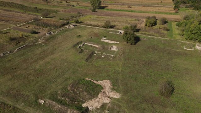 Unedited drone aerial view on ancient roman military camp fortress ruins archeological destination Timacum Minus near Knjazevac Serbia