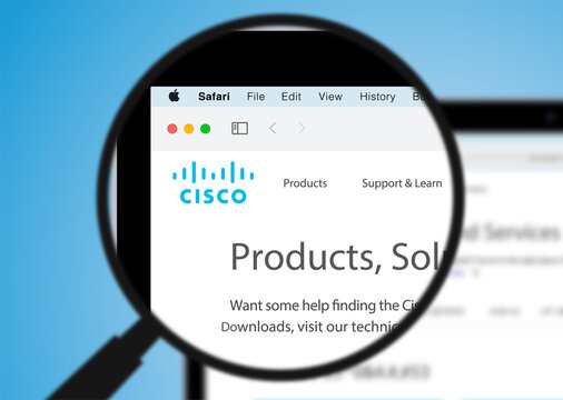 Cisco vector webpage, on MacBook, with a magnifying glass. Vector illustration. Replaceable text, editable.
