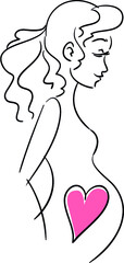 vector silhouette with lines of the pregnant woman in profile, with a red heart on the belly