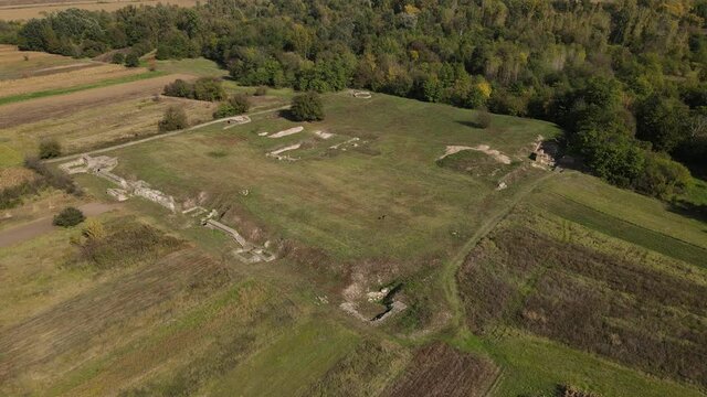 Unedited drone aerial view on ancient roman military camp fortress ruins archeological destination Timacum Minus near Knjazevac Serbia