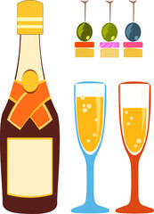 a bottle of champagne clipart flat, a canapé snack and two glasses of a drink