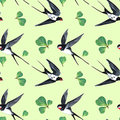 Seamless pattern fly birds swallow and green leaves. Art creative hand-drawn watecrolor marker background for textile, card, wallpaper, wrapping, wedding, celebration, poster