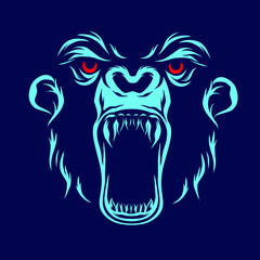 Gorilla ape vector silhouette line pop art potrait logo colorful design with dark background. Abstract vector illustration.