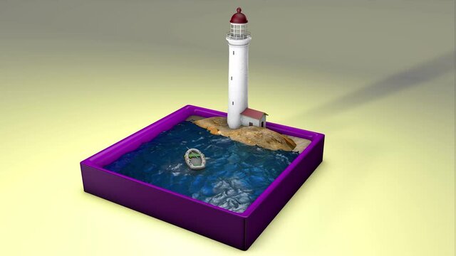 diorama de mar en movimiento con faro y barco en 3d