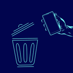 Smartphone cell technology trash bin waste line pop art potrait logo colorful design with dark background. Abstract vector illustration.