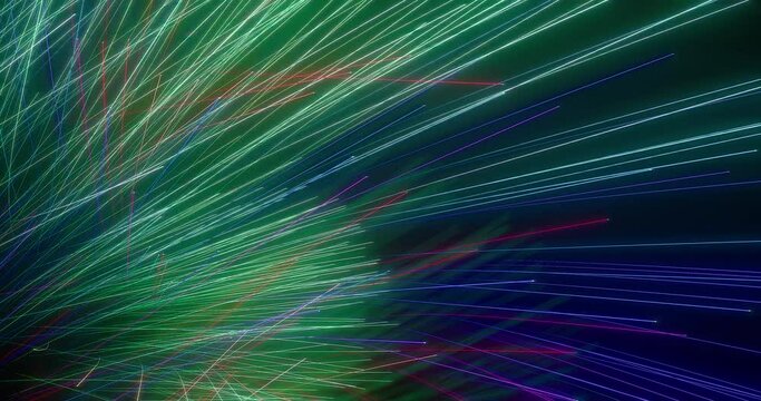 Futuristic colorful streams of light, with camera following the waves and swoops. Bright data particle trails, with glowing FX and dynamic abstract animation. Beautiful 3D render moving through space 