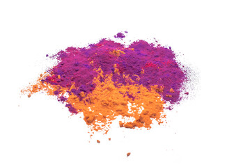 Piles of multi-colored powder for Indian Holi festival on white background.