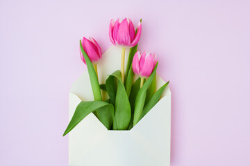 spring flat lay with letter and tulips on pink