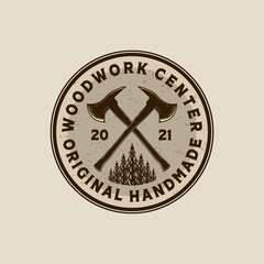 Woodwork Vector Illustration Logo Design. Woodwork Logo Template for Wood Master, Sawmill and Carpentry Service. Wood Ax Logo Concept Inspiration
