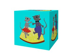 Cheerful package design with a cheerful pair of mice. Illustration of a packaging package with dancing mouses on cheese, object white isolated.