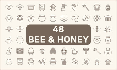 Set of 48 bee and honey line style. Contains such icons as organic, sweet, natural, honey bee, fresh, apiary, beehive, honey jar, spoons, honeycombs And Other Elements. customize color, easy resize.