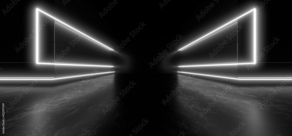 Poster sci fy neon lamps in a dark tunnel. reflections on the floor and walls. 3d rendering image.