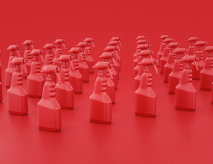 Fototapeta premium A group of multiple shiny red plastic cleaner spray container in red background, flat colors, single color, 3d rendering virus protection liquid