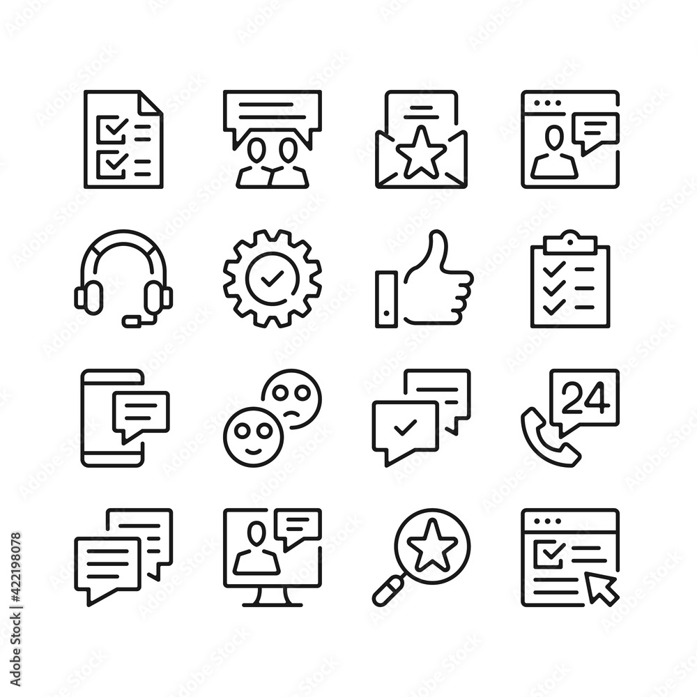 Poster Customer support line icons. Client service, call center, maintenance, technical support concepts. Simple linear symbols, modern outline elements. Vector line icons set