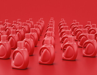 Group of shiny red plastic detergent containers  in red background, flat colors, single color, 3d rendering