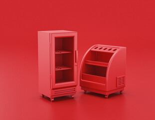shiny red plastic display and beverage cooler in red background, flat colors, single color, 3d rendering